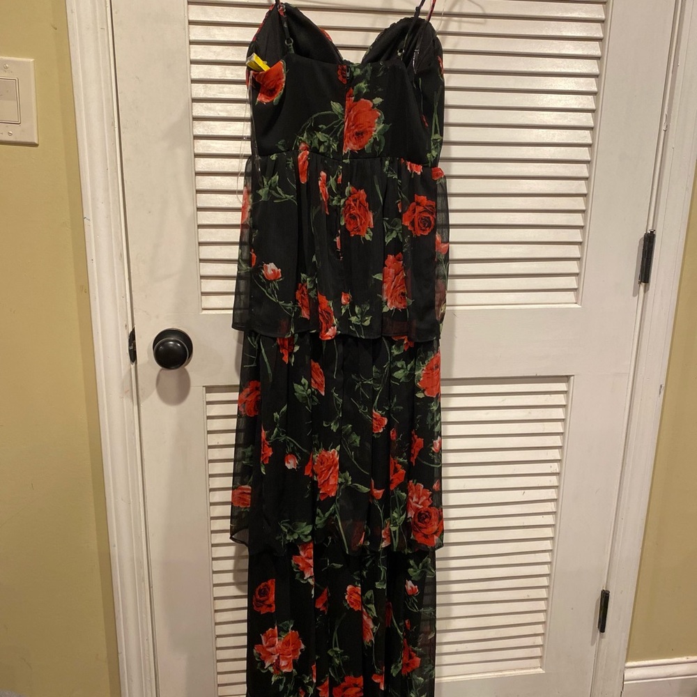 NWT Crystal Doll size 3 long floor length, black and red dress with roses